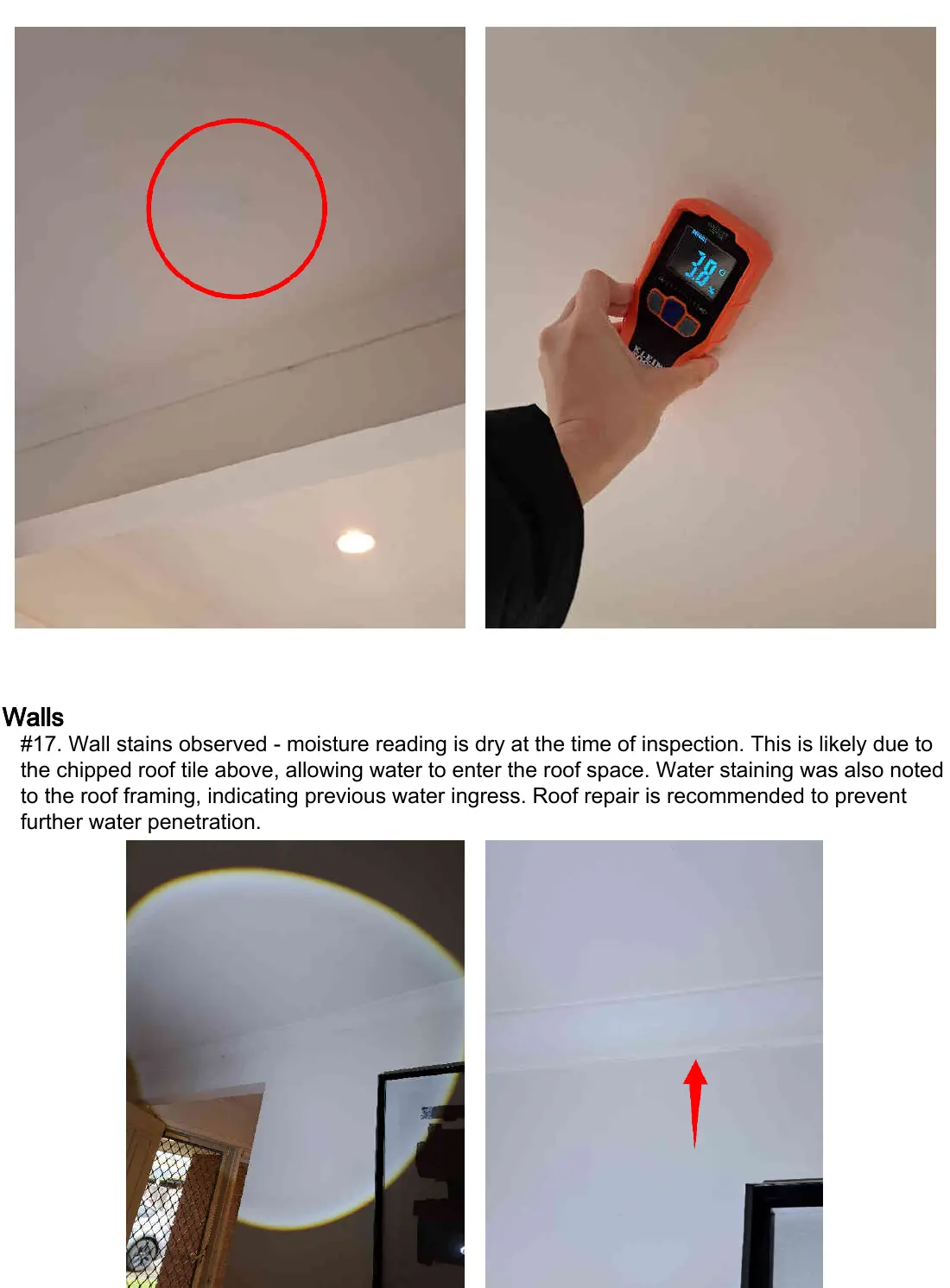 Anonymised inspection report excerpt showing internal wall staining and evidence of previous roof water entry