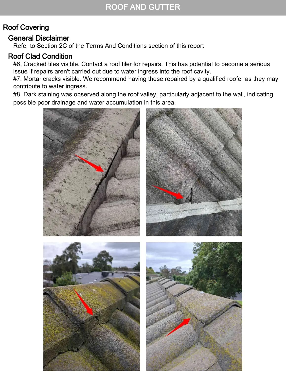 Anonymised inspection report excerpt showing cracked roof tiles and deteriorated ridge mortar